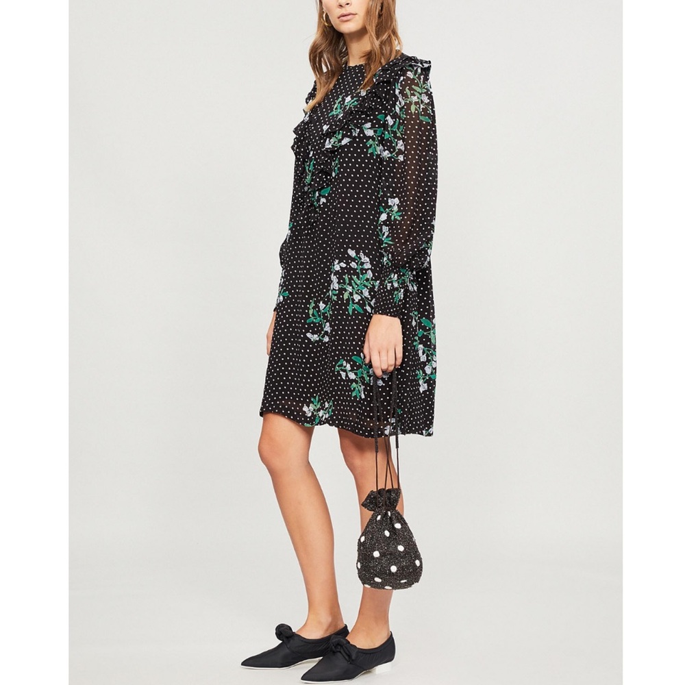 Ganni Rometty Georgette Black Floral Long Sleeve Dress